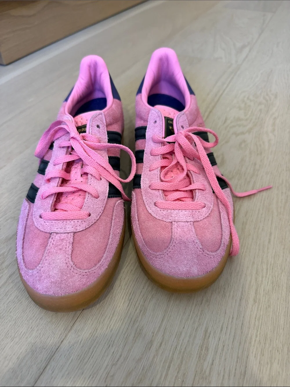 NWOT- adidas Gazelle Pink Suede Sneakers with Black Stripes and Gum Sole
